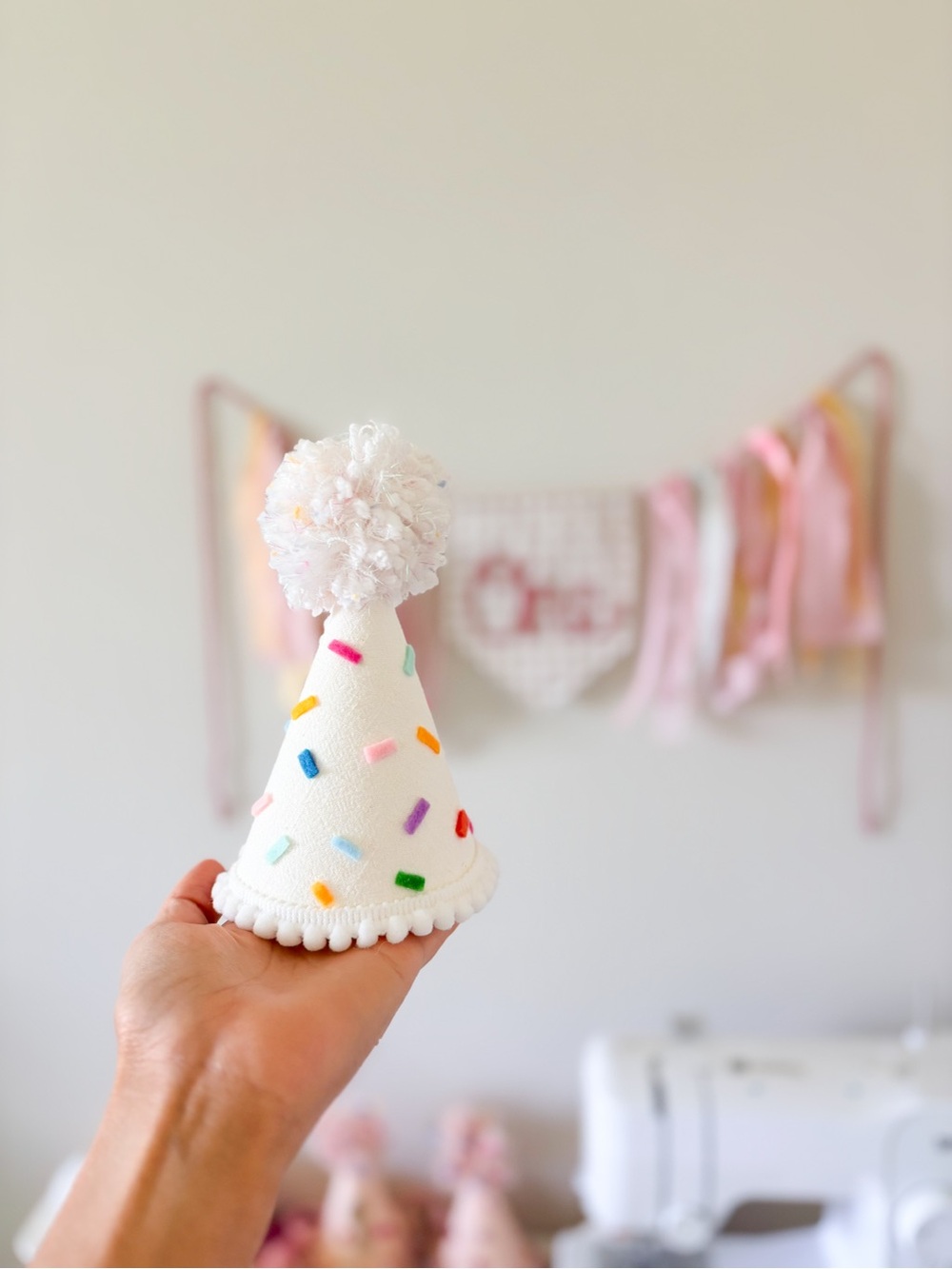 Handmade White Pom Party Hat with Multicolor Sprinkles Price is Firm